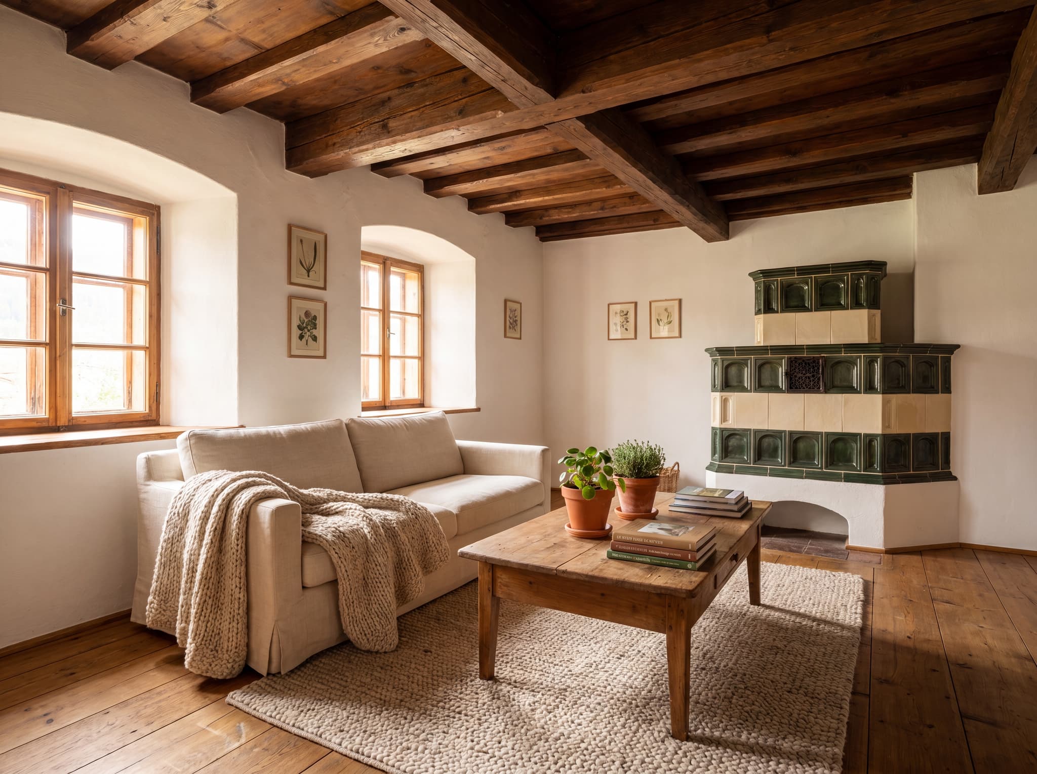Dasselbe Wohnzimmer im alten Bauernhaus nach der Verkaufsaufbereitung, liebevoll inszeniert
