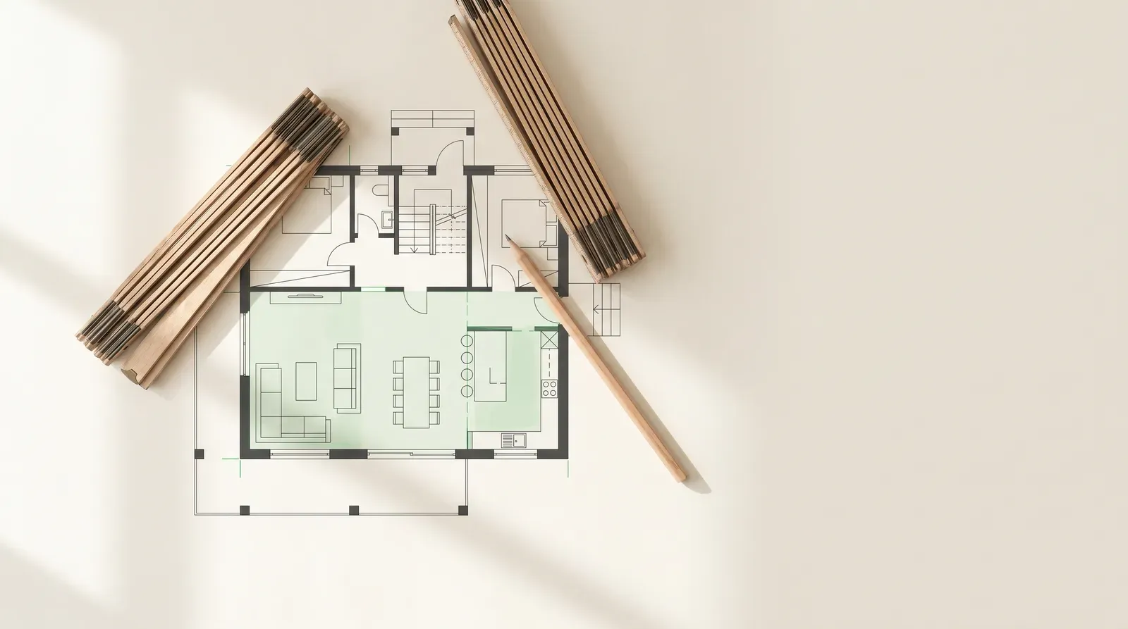 Grundriss eines Hauses mit Zollstock und Bleistift, Wohnflächenberechnung